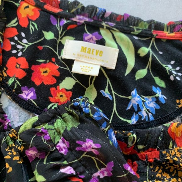 ANTHROPOLOGIE Maeve Jacquin Peasant Blouse Black Floral Ruffle Sleeve Blouse L - Picture 7 of 11